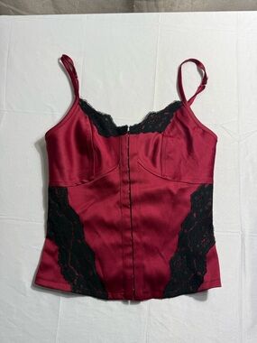 La Chateau Red Satin Corset Camisole Lace Up Back Bustier Top Womens Small